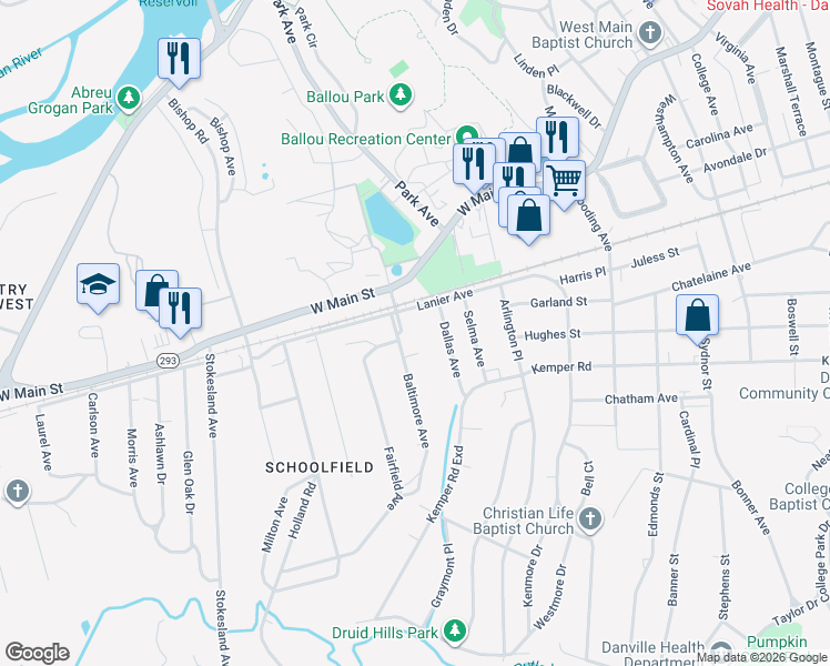 map of restaurants, bars, coffee shops, grocery stores, and more near 1301-1399 Lanier Ave in Danville