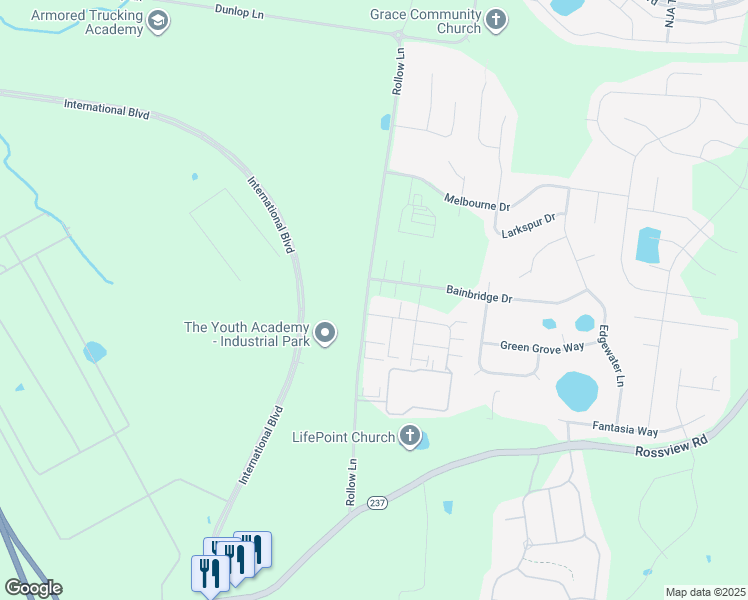 map of restaurants, bars, coffee shops, grocery stores, and more near 2517 Rollow Lane in Clarksville