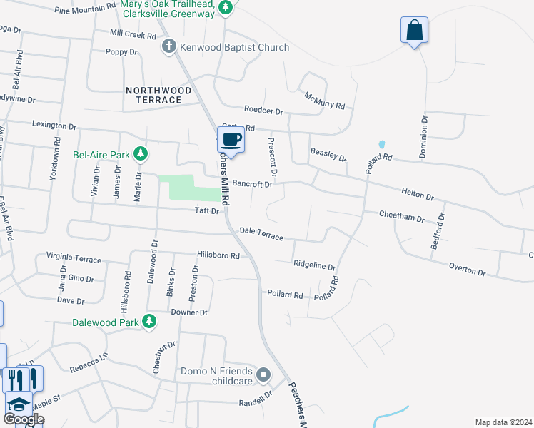 map of restaurants, bars, coffee shops, grocery stores, and more near 322 Bancroft Court in Clarksville