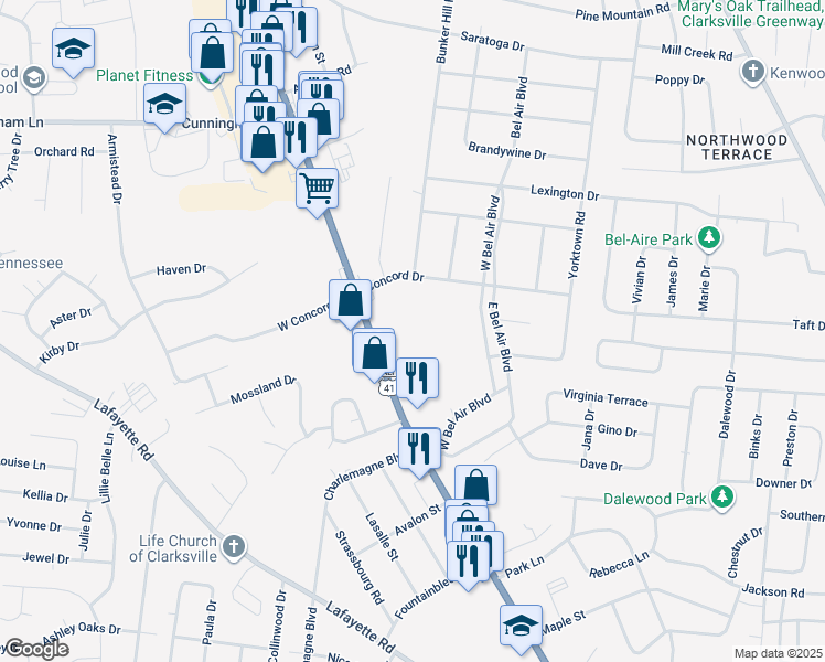 map of restaurants, bars, coffee shops, grocery stores, and more near 1431 Fort Campbell Boulevard in Clarksville