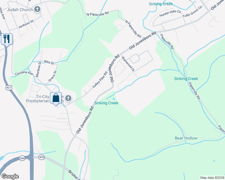 map of restaurants, bars, coffee shops, grocery stores, and more near 1277 Old Jonesboro Road in Bristol