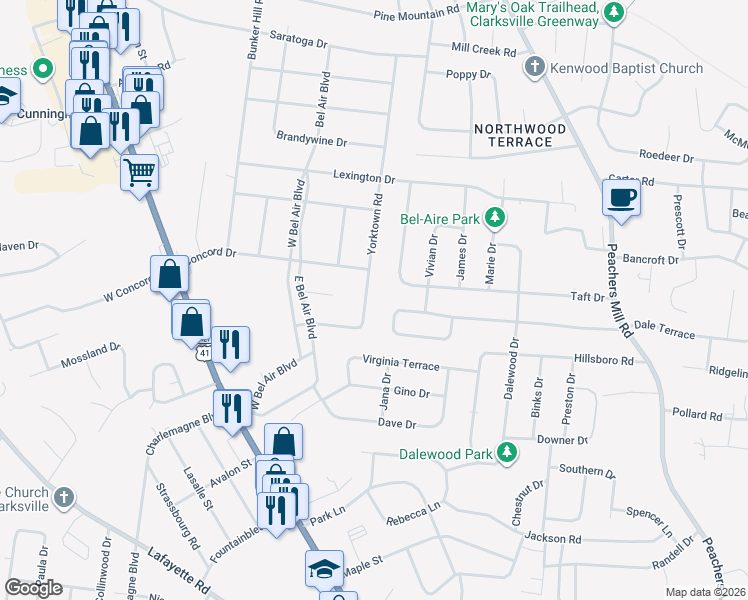 map of restaurants, bars, coffee shops, grocery stores, and more near 120 Yorktown Road in Clarksville
