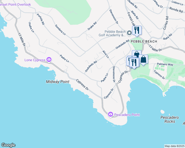 map of restaurants, bars, coffee shops, grocery stores, and more near 1451 Ondulado Road in Del Monte Forest