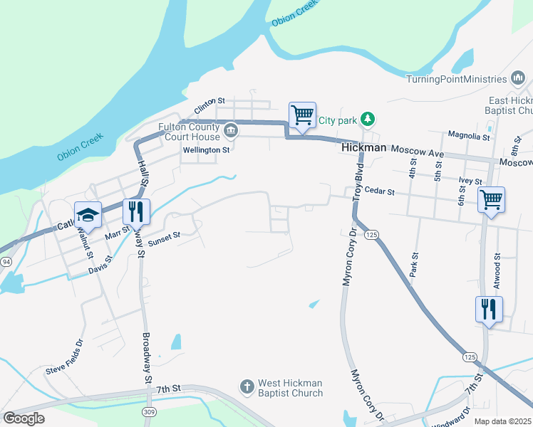 map of restaurants, bars, coffee shops, grocery stores, and more near 414-418 Terrace Dr in Hickman