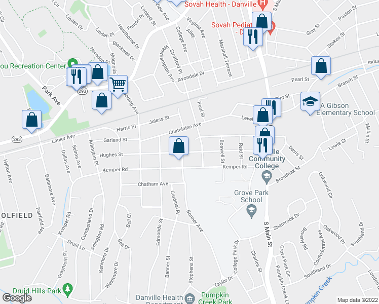 map of restaurants, bars, coffee shops, grocery stores, and more near 400 Hughes Street in Danville