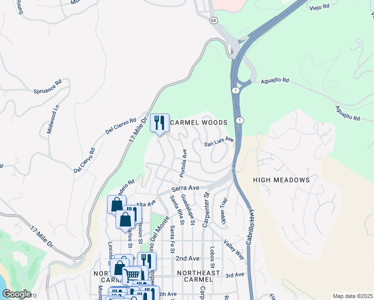 map of restaurants, bars, coffee shops, grocery stores, and more near 24429 Portola Avenue in Carmel-by-the-Sea