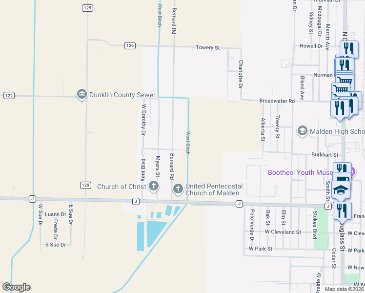 map of restaurants, bars, coffee shops, grocery stores, and more near 39797 James Ward Street in Malden