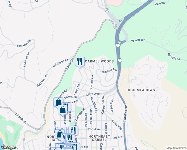 map of restaurants, bars, coffee shops, grocery stores, and more near 24429 Portola Avenue in Carmel-by-the-Sea