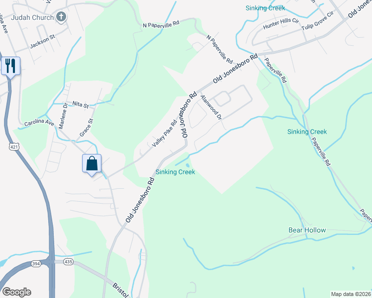 map of restaurants, bars, coffee shops, grocery stores, and more near 1277 Old Jonesboro Road in Bristol