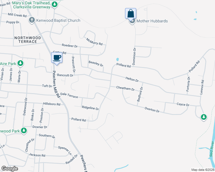 map of restaurants, bars, coffee shops, grocery stores, and more near 420 Bancroft Drive in Clarksville
