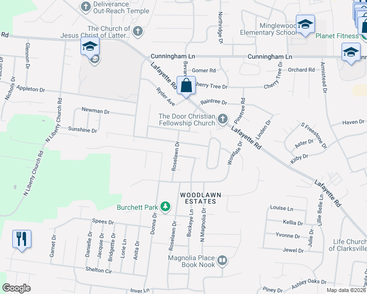 map of restaurants, bars, coffee shops, grocery stores, and more near 633 R S Bradley Boulevard in Clarksville