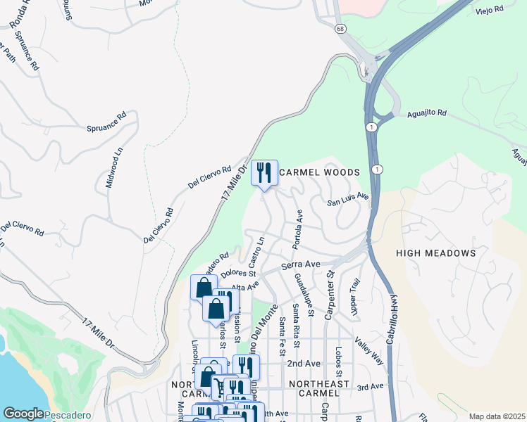 map of restaurants, bars, coffee shops, grocery stores, and more near 24424 San Juan Road in Carmel-by-the-Sea