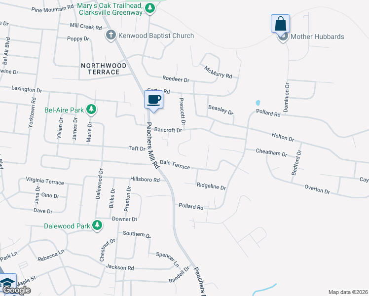 map of restaurants, bars, coffee shops, grocery stores, and more near 334 Bancroft Drive in Clarksville