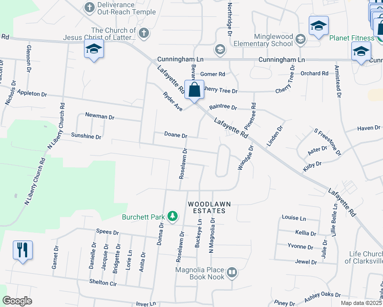 map of restaurants, bars, coffee shops, grocery stores, and more near 633 R S Bradley Boulevard in Clarksville