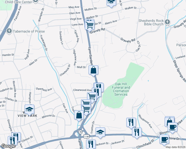 map of restaurants, bars, coffee shops, grocery stores, and more near 908 Lynn Garden Drive in Kingsport