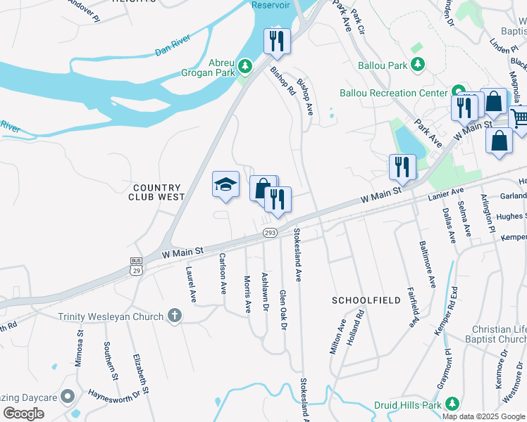 map of restaurants, bars, coffee shops, grocery stores, and more near 1342 West Main Street in Danville