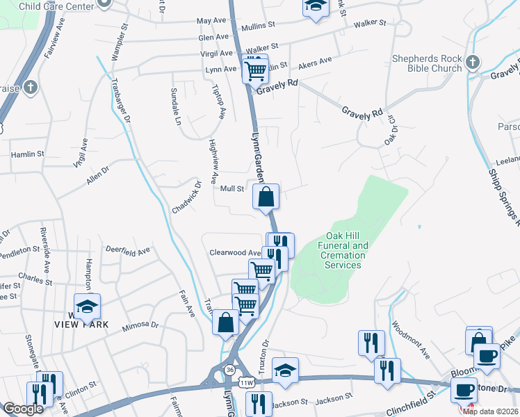 map of restaurants, bars, coffee shops, grocery stores, and more near 908 Lynn Garden Drive in Kingsport