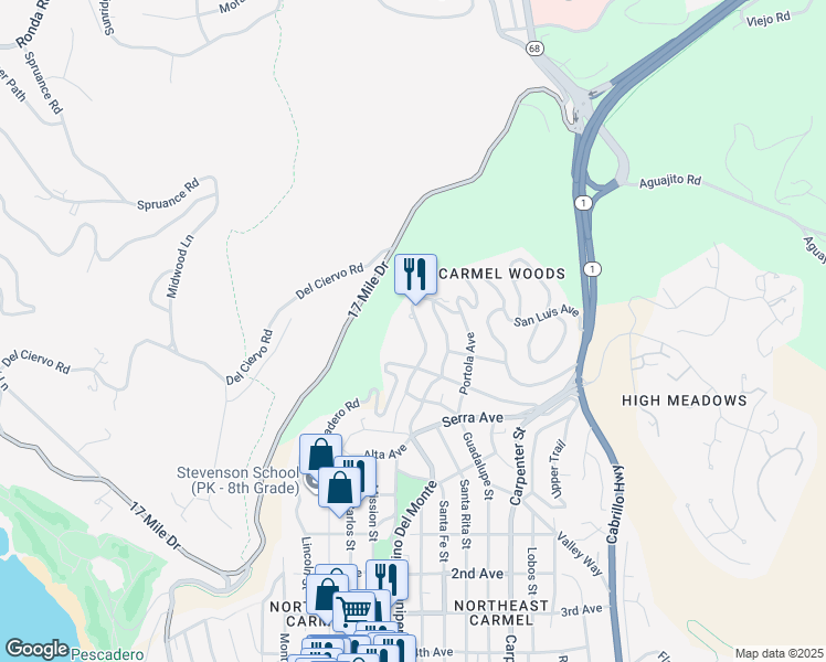 map of restaurants, bars, coffee shops, grocery stores, and more near 24418 San Juan Road in Carmel-by-the-Sea