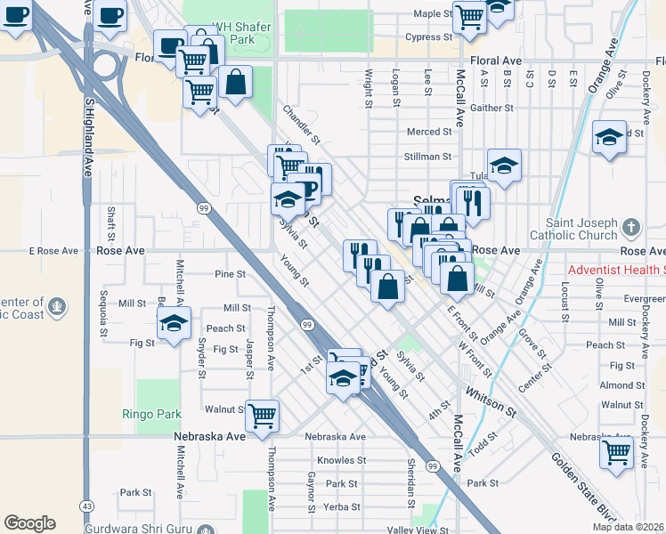 map of restaurants, bars, coffee shops, grocery stores, and more near 2136 Sylvia Street in Selma