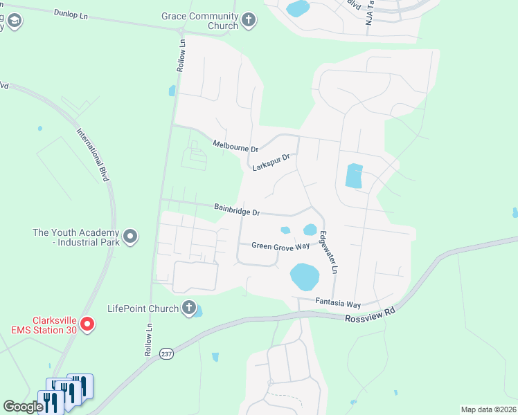 map of restaurants, bars, coffee shops, grocery stores, and more near 141 Bainbridge Drive in Clarksville