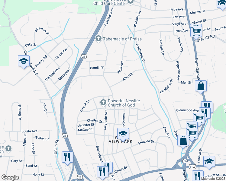 map of restaurants, bars, coffee shops, grocery stores, and more near 1409 Fairview Avenue in Kingsport