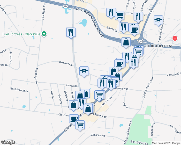 map of restaurants, bars, coffee shops, grocery stores, and more near 234 Fairview Lane in Clarksville