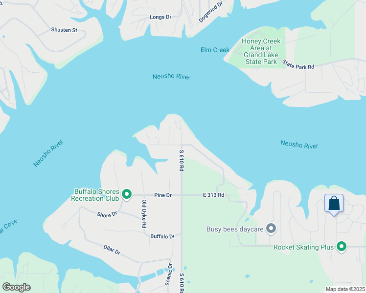 map of restaurants, bars, coffee shops, grocery stores, and more near 61016 East 310 Road in Grove