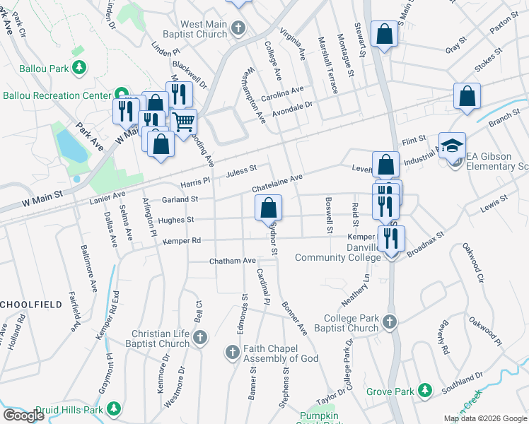 map of restaurants, bars, coffee shops, grocery stores, and more near 508 Hughes Street in Danville
