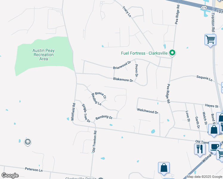 map of restaurants, bars, coffee shops, grocery stores, and more near 2172 Amadeus Drive in Clarksville