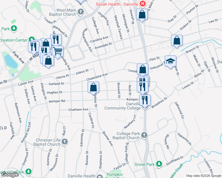map of restaurants, bars, coffee shops, grocery stores, and more near 324 Hughes Street in Danville