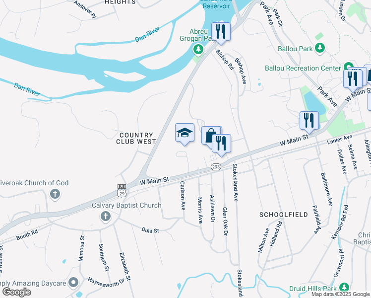 map of restaurants, bars, coffee shops, grocery stores, and more near 1400 West Main Street in Danville