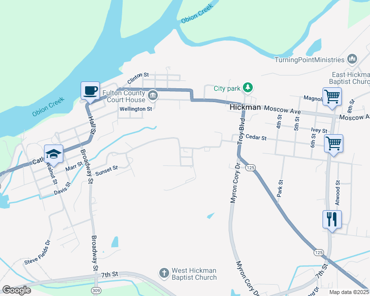 map of restaurants, bars, coffee shops, grocery stores, and more near 418 Terrace Dr in Hickman