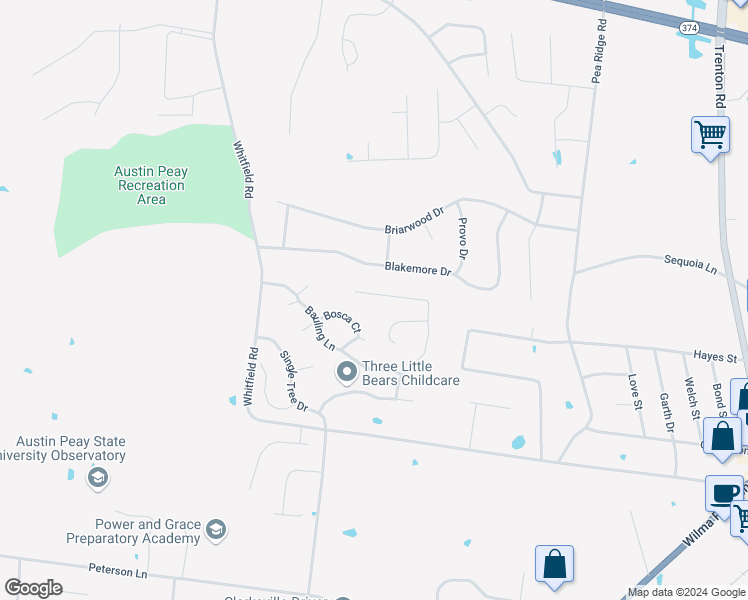 map of restaurants, bars, coffee shops, grocery stores, and more near 2172 Amadeus Drive in Clarksville