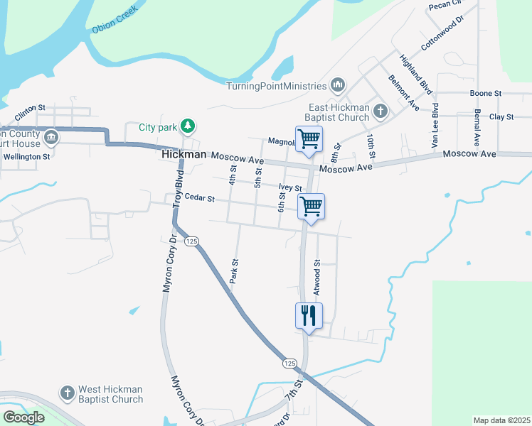 map of restaurants, bars, coffee shops, grocery stores, and more near 1111 Cedar Street in Hickman