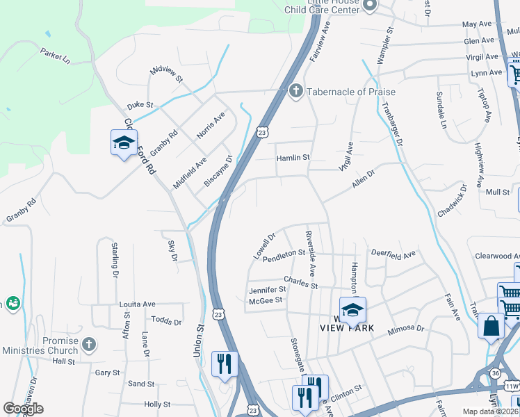 map of restaurants, bars, coffee shops, grocery stores, and more near 1019 Bertha Greer Street in Kingsport