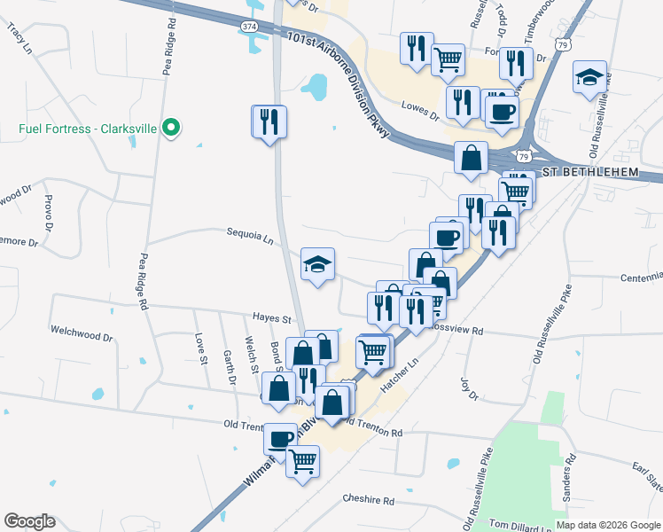 map of restaurants, bars, coffee shops, grocery stores, and more near 238 Fairview Lane in Clarksville