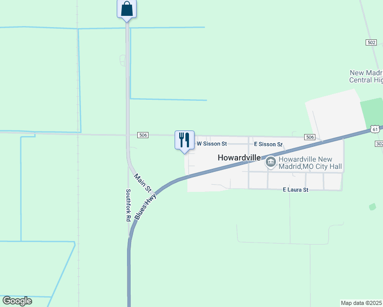 map of restaurants, bars, coffee shops, grocery stores, and more near 100 Sanders Street in New Madrid