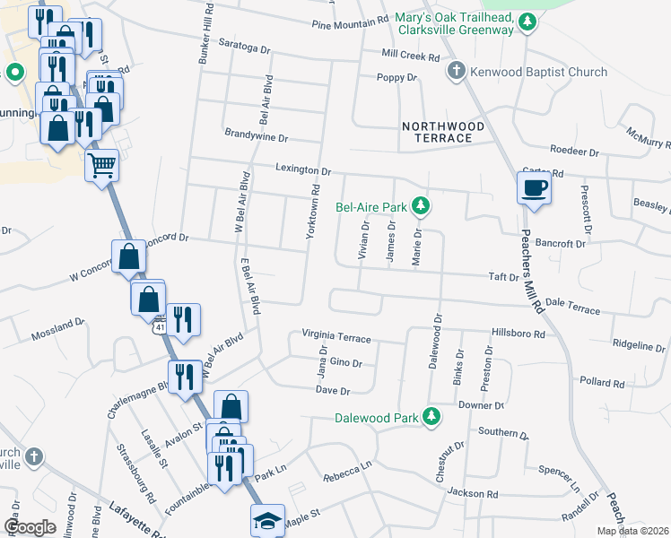 map of restaurants, bars, coffee shops, grocery stores, and more near 173 Taft Drive in Clarksville