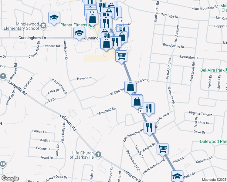map of restaurants, bars, coffee shops, grocery stores, and more near 137 West Concord Drive in Clarksville
