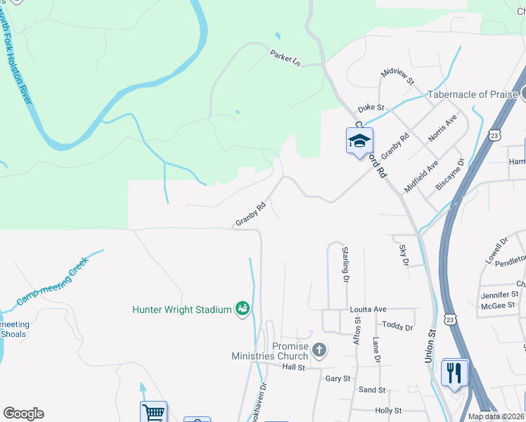map of restaurants, bars, coffee shops, grocery stores, and more near 1571 Granby Road in Kingsport