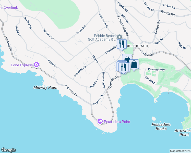 map of restaurants, bars, coffee shops, grocery stores, and more near 1483 Padre Lane in Del Monte Forest