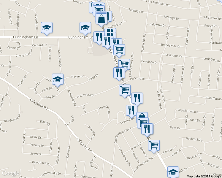 map of restaurants, bars, coffee shops, grocery stores, and more near 115 West Concord Drive in Clarksville