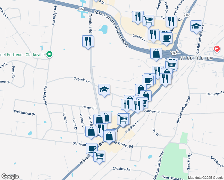 map of restaurants, bars, coffee shops, grocery stores, and more near 230 Fairview Lane in Clarksville