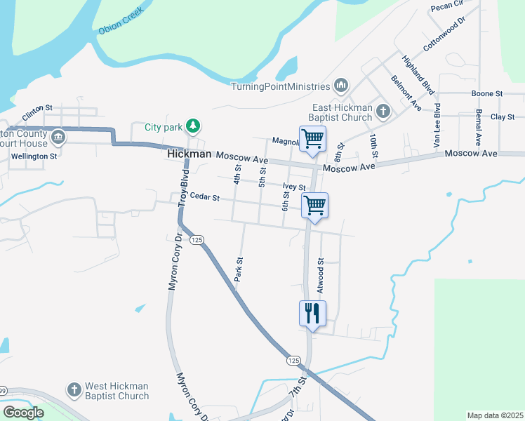 map of restaurants, bars, coffee shops, grocery stores, and more near 1111 Cedar Street in Hickman