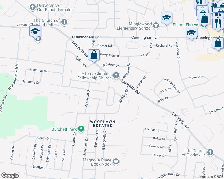 map of restaurants, bars, coffee shops, grocery stores, and more near 308 Lafayette Point Circle in Clarksville