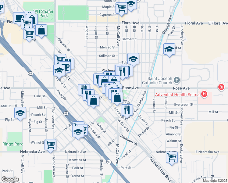 map of restaurants, bars, coffee shops, grocery stores, and more near 1958 High Street in Selma