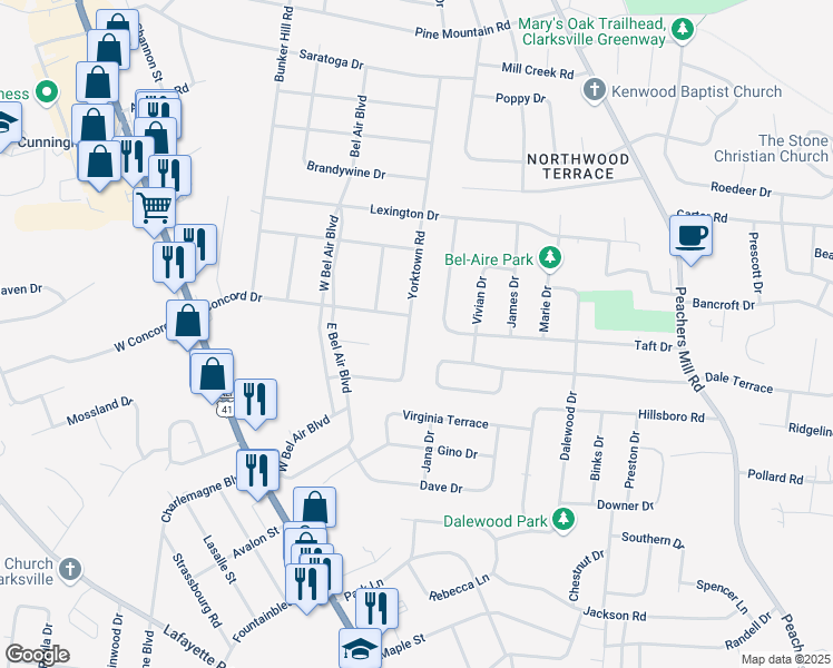 map of restaurants, bars, coffee shops, grocery stores, and more near 120 Yorktown Road in Clarksville
