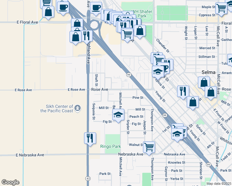 map of restaurants, bars, coffee shops, grocery stores, and more near 2734 Pine Street in Selma