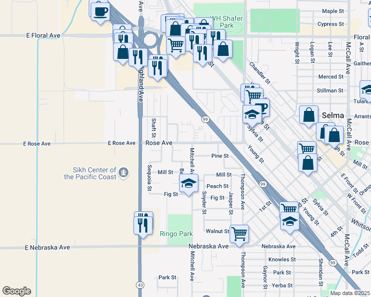 map of restaurants, bars, coffee shops, grocery stores, and more near 2734 Pine Street in Selma