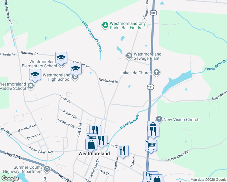 map of restaurants, bars, coffee shops, grocery stores, and more near 1321 Pleasant Grove Road in Westmoreland